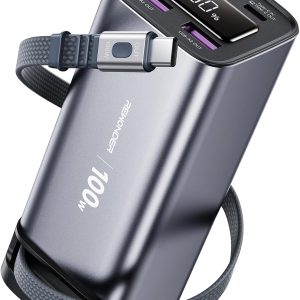 100W Power Bank Fast Charging 20000mAh, Built-in Retractable USB-C Cable