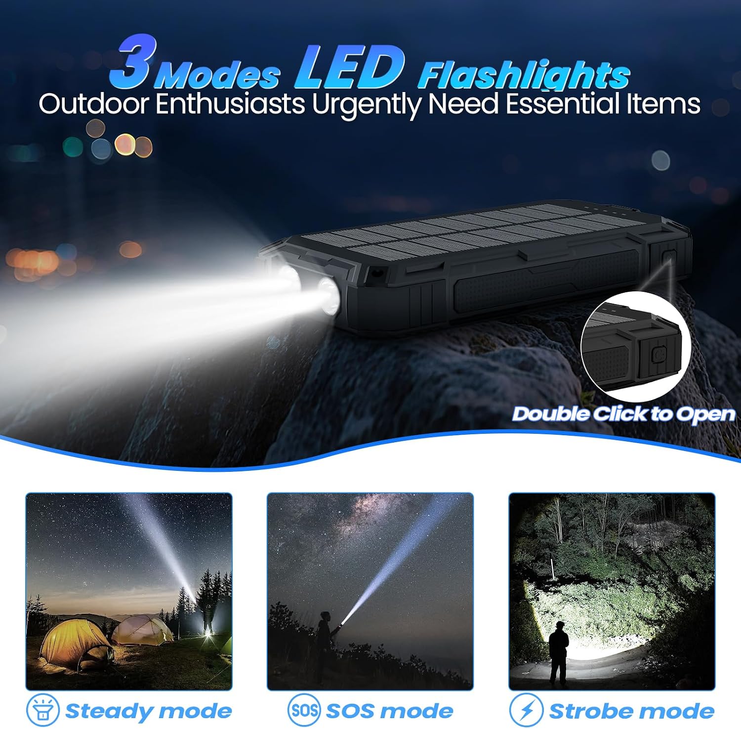 Solar Power Bank 49800mAh - Wireless Portable Charger 15W Fast Charging with 4 Built-in Cables. Equipped with a Powerful Flashlight, IP65 Outdoor Waterproof Power Bank Perfect for Camping, Hiking - Image 4