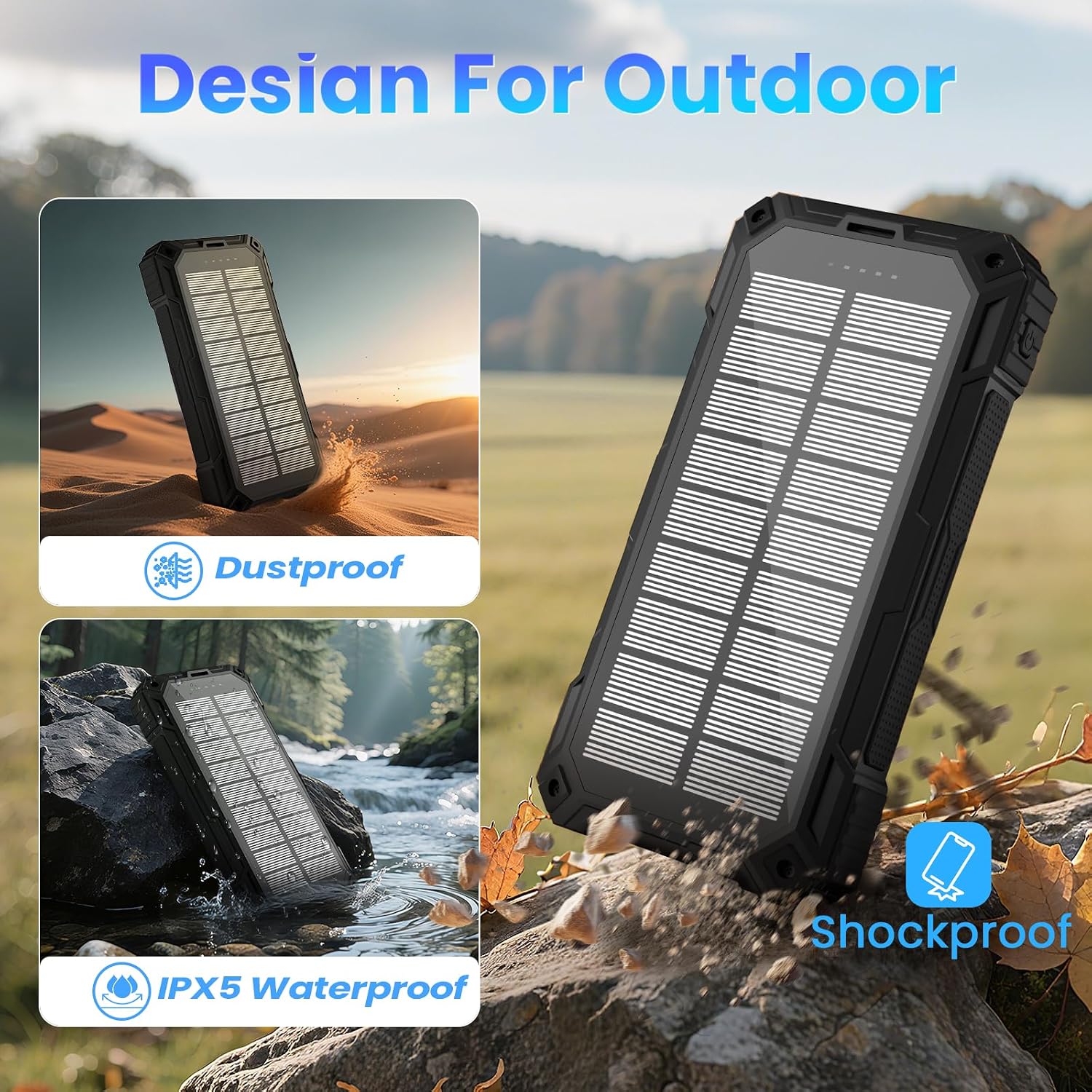 Solar Power Bank 49800mAh - Wireless Portable Charger 15W Fast Charging with 4 Built-in Cables. Equipped with a Powerful Flashlight, IP65 Outdoor Waterproof Power Bank Perfect for Camping, Hiking - Image 5